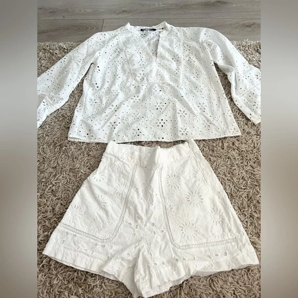 Zara eyelet embroidery white matching set XS. Wore once. Like New - Picture 2 of 8